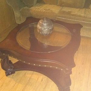 Cherrywood coffee table and decorations